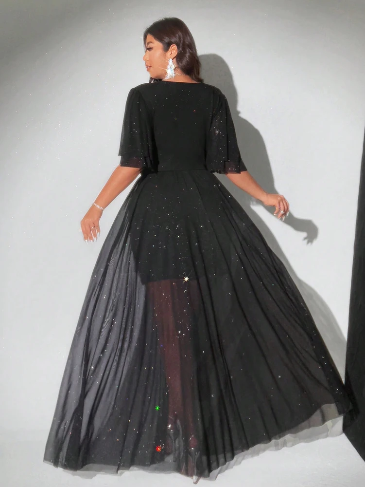 플러스 사이즈 섹시 반짝이는 반팔 딥 브이넥 파티 드레스 우아한 루즈 이브닝 가운 여성용 로맨틱 리조트웨어