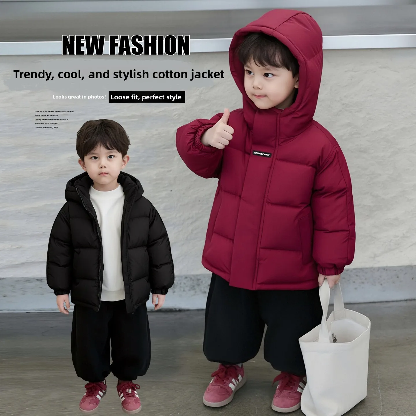 

Boys Winter Jaet Pure Color Simple Hooded Cotton Padded Coat Warm Sli Trendy Youthful Polyester Fiber Zipper Closure Lo...