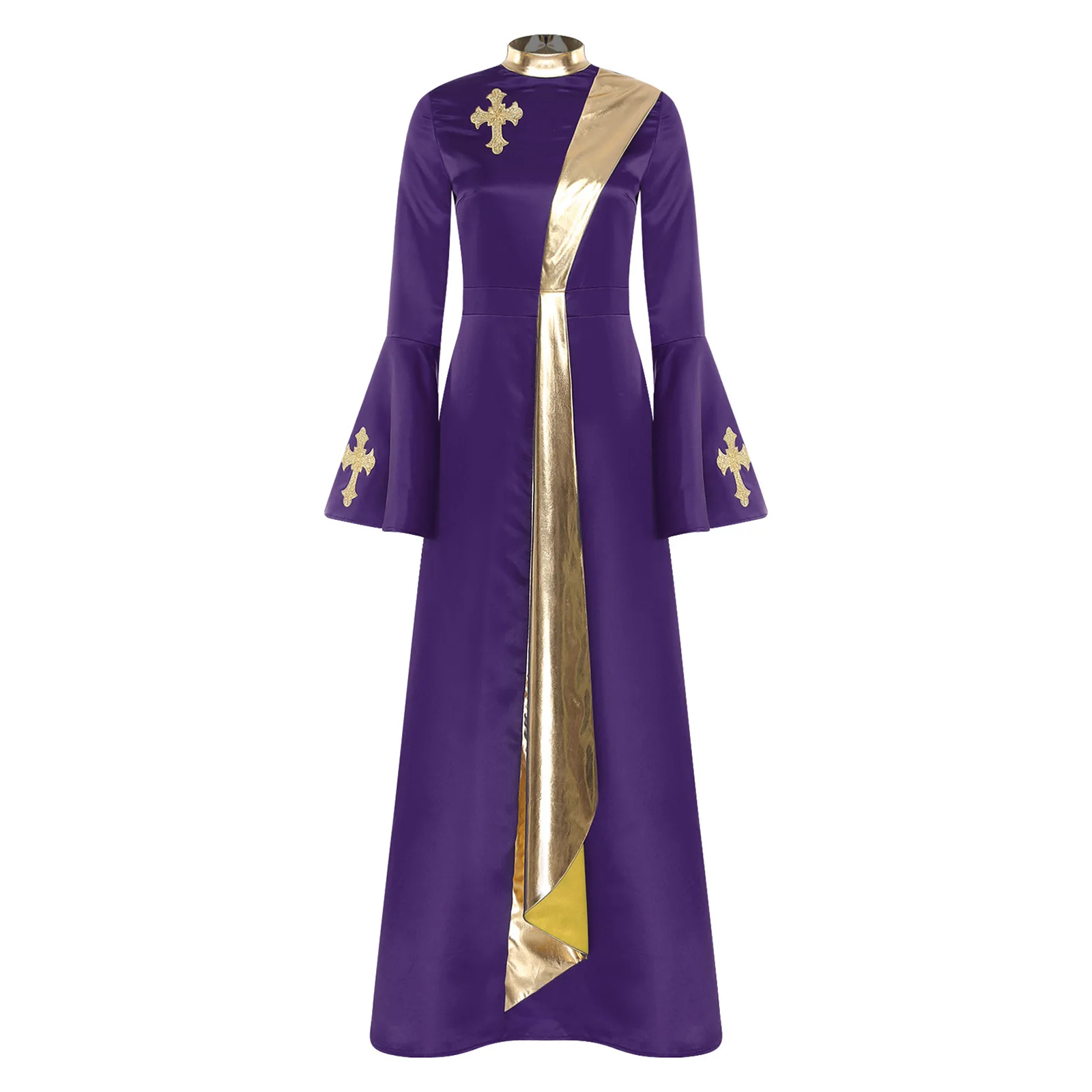 

Women Church Priest Clergy Robe Cross Embroidery Long Sleeve with Flared Cuffs Metallic Tunic Dress Cassock Halloween Cosplay