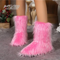 Pink Long Hair Faux Fur Boots Woman Fashion Slip-on Fluffy Plush Booties Ladies Winter Warm Thick Furry Ankle Botas De Mujer