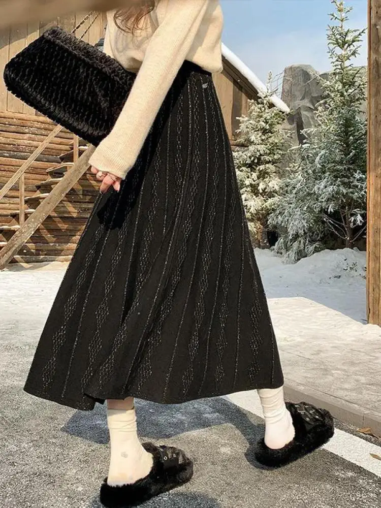 

Осень-зима, элегантная вечерняя тонкая юбка с высокой талией, уличная популярная корейская винтажная женская однотонная вязаная плиссированная длинная юбка для отпуска