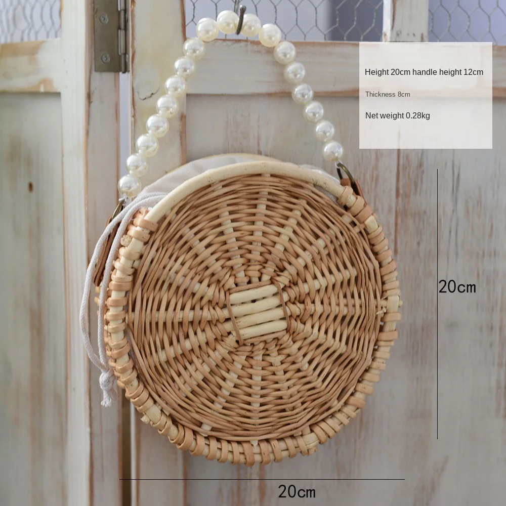 Trendy Pearl Rattan Weaving Handbag Straw Bag Minimalist Key Woven Basket Coin Purse Summer Travel Beach Bag