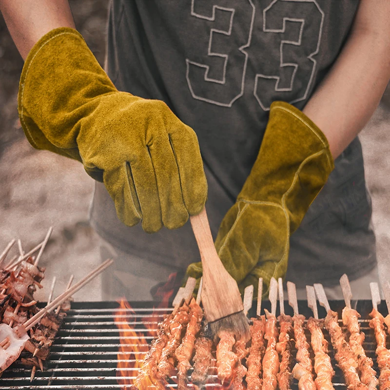 Guantes de protección para trabajo de soldadura de cuero de vaca, aislamiento térmico, anticorte, ignífugo, estufa de madera, fireemplazos, barbacoa, hornear, acampar