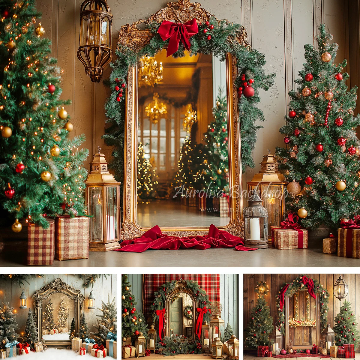 Fondo de regalos de oro rojo con espejo Vintage de Navidad con un gran árbol de Navidad niños adultos fotografía niño Photocall fondos