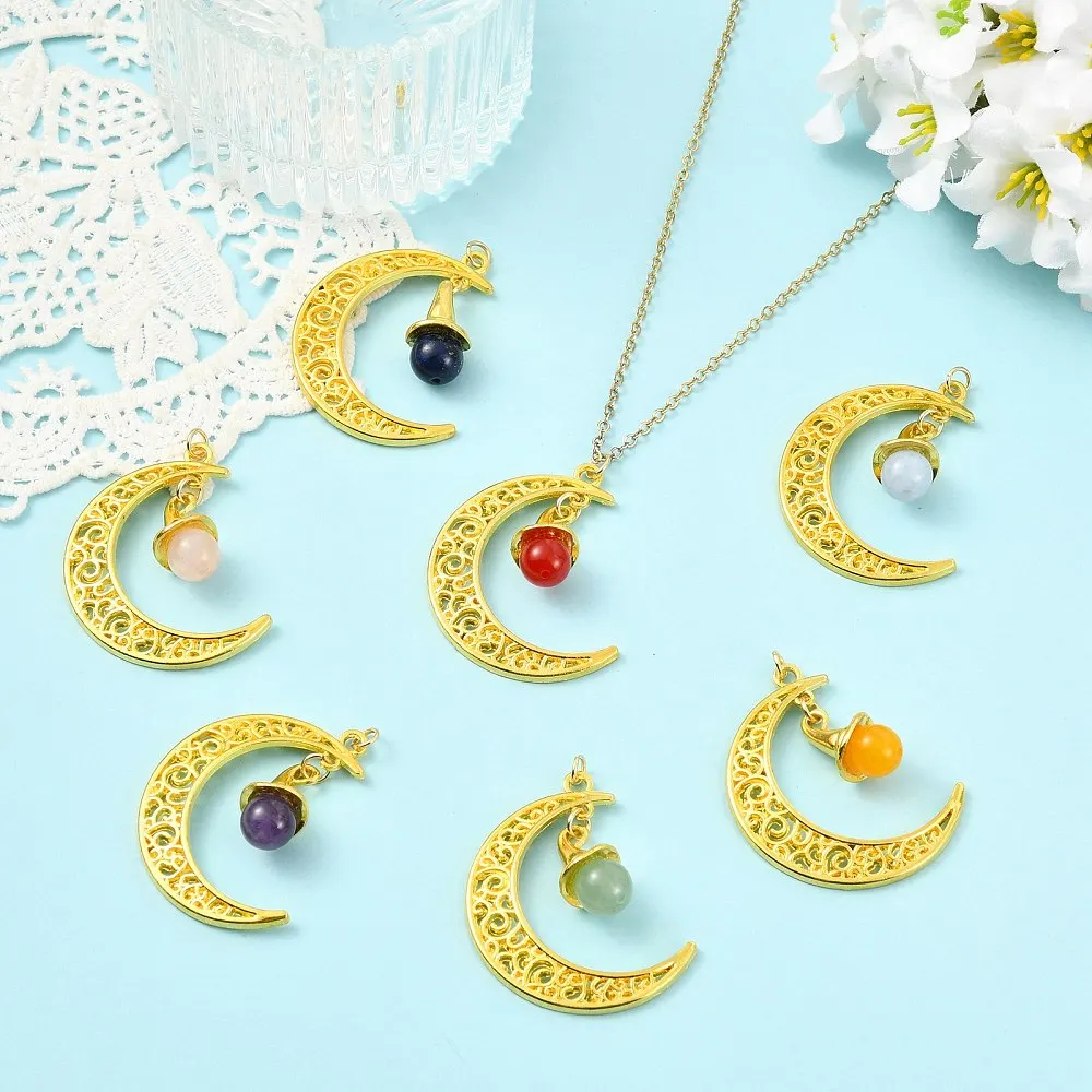 14pcs Golden Crescent Moon Charms Witch Hat Natural Gemstone Ball Pendant for DIY Bracelet Necklace Earring Jewelry Making Craft