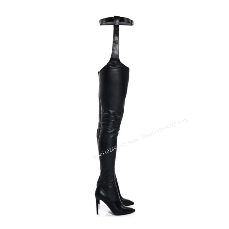 Botas de coxa de dedo apontado para mulheres, sapatos finos de salto alto, zíper, elegante e sexy, estilo novo, preto, verão, 2023