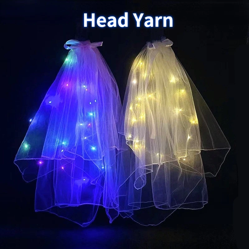 

Hot Sale Glowing Headwear Veil Lights Double Layer Bows Headwear with Pearls Girls Hair Makeup Accessories Head Yarn Photo Props