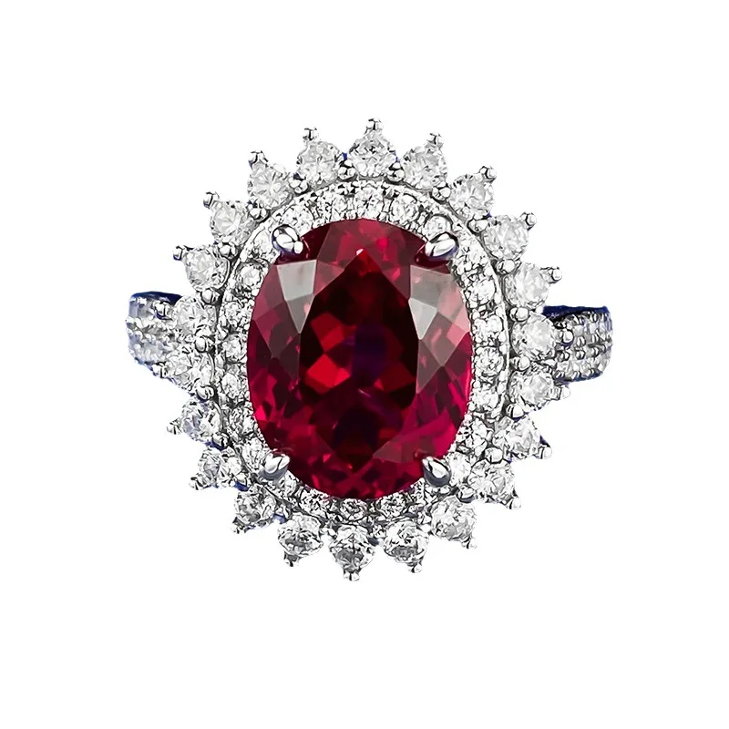 Cross border S925 Silver Pigeon Blood Red Diamond 8 * 10 Oval Ring Fashion Simple Style in Europe and America