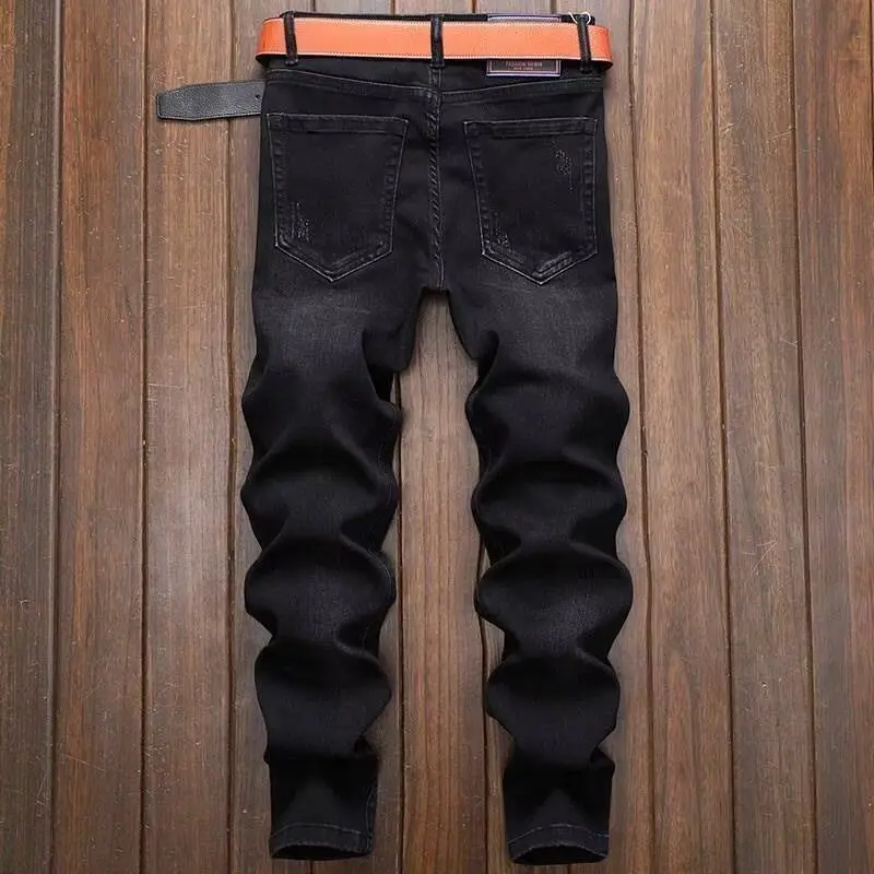 Moda coreana streetwear marca jeans rasgados verão fino-ajuste impresso calças casuais elástico preto calças designer jeans masculinos