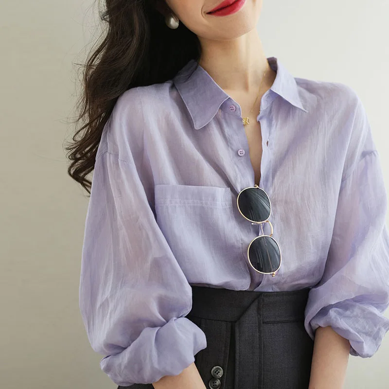 

French Style Purple Long Sleeve Sunscreen for Women Summer Shirt High-end Casual Unique Top