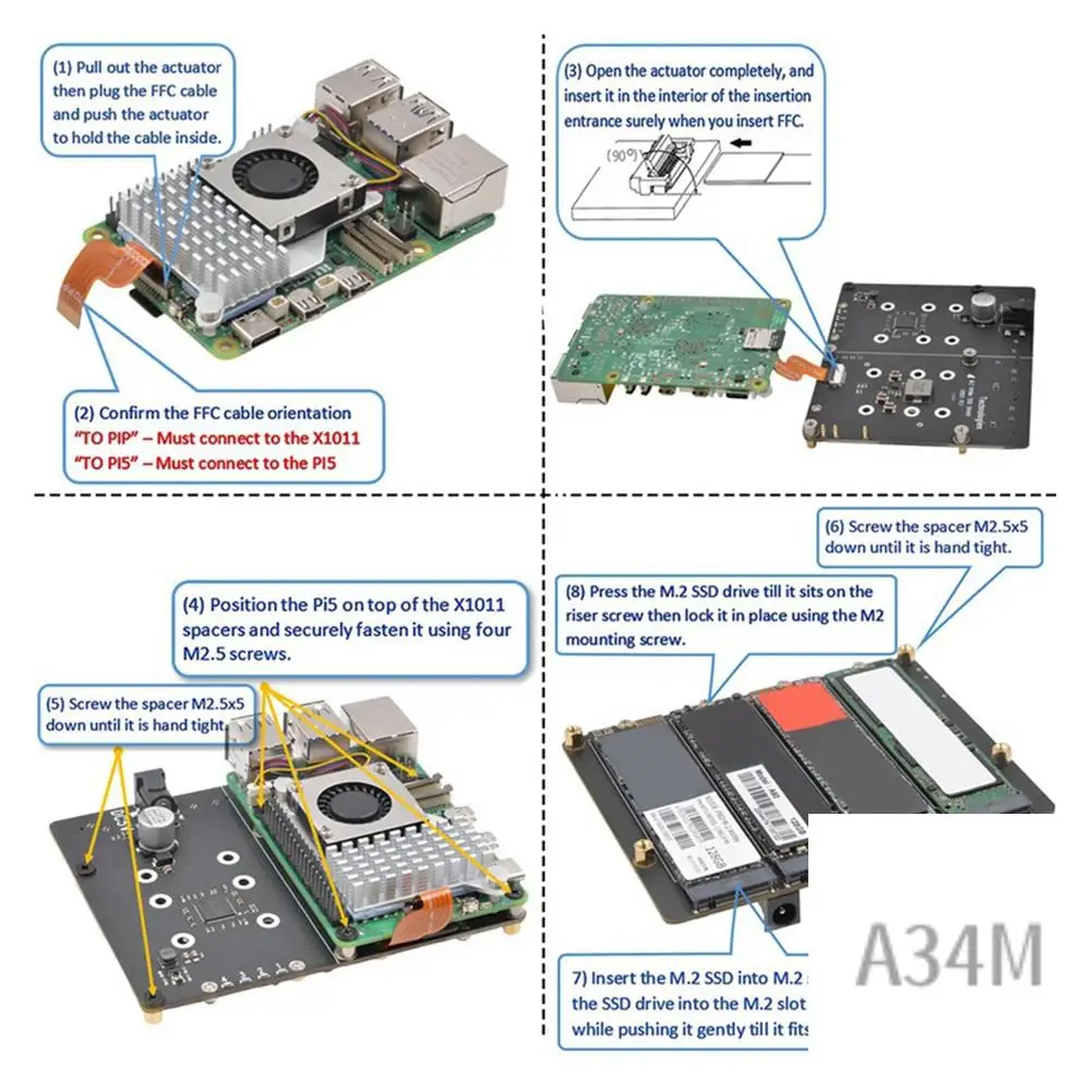 

A34M-X1011 Плата расширения PCIE к M.2 NVME SSD + корпус для Raspberry Pi 5, поддержка 4Xssd для 2280/2260/2242/2230 M.2 NVME SSD
