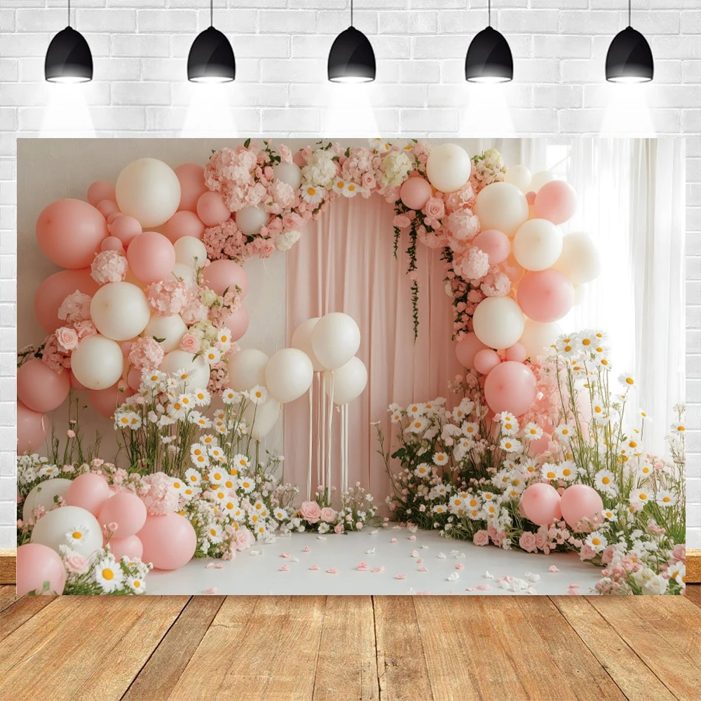 Spring Daisy Flower Baby Shower Backdrop Boho Arch Balloons Girl Birthday Cake Smash Easter Kids Portrait Photography Background
