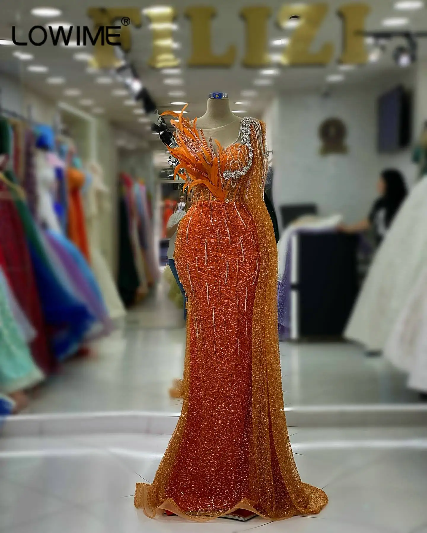 Dubai Orange Sequins Mermaid Evening Dresses with One Shoulder Cape Crystals Stones Feathers Formal Party Gowns Robes De Soirée