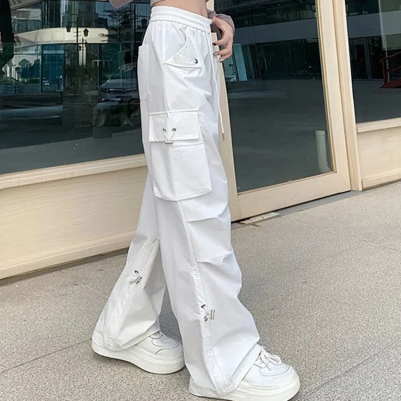 American Women's 2024 Summer Spliced Elasticized High-waisted Pocket Fashion Solid Color Loose Trend Charging Casual Pants