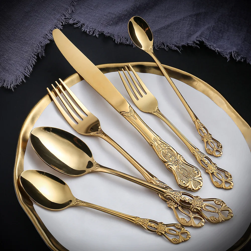 Royal Court Style Stainless Steel Cutlery Set Four-Piece Steak Knife Fork Spoon European Style Embossed Design Ladies T-Shirt view 3