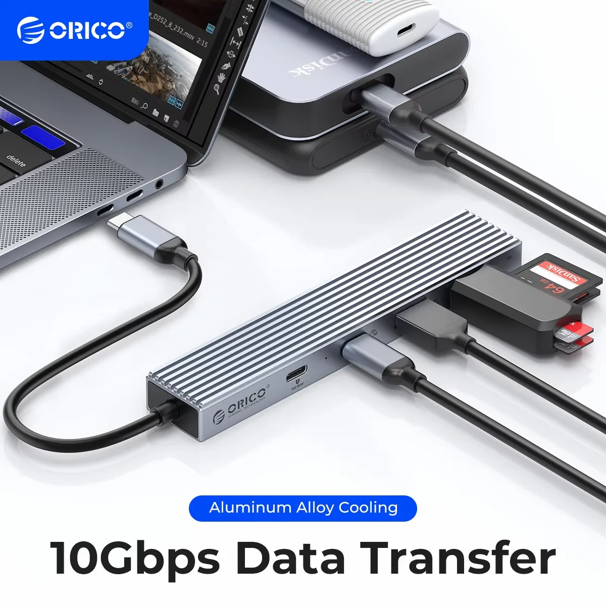ORICO Type C USB 3.2 10GBPS Hub 4 Ports Compatible With PD100W SD TF Splitter OTG Adapter Suitable For PC Computer Accessories