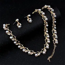 Classic Imitation Pearl Necklace Earring Bracelet for Women Kpop Fashion Gold Color Zircon Wedding Jewelry Sets Bride Accesories