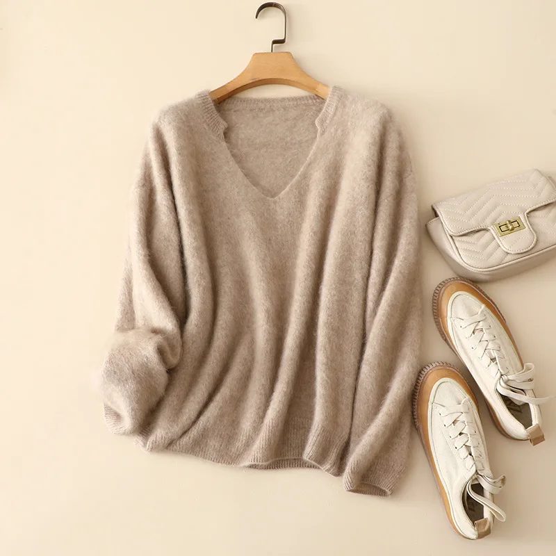 

masigoch europe trendy winter 100% brush cashmere v neck loose sweaters
