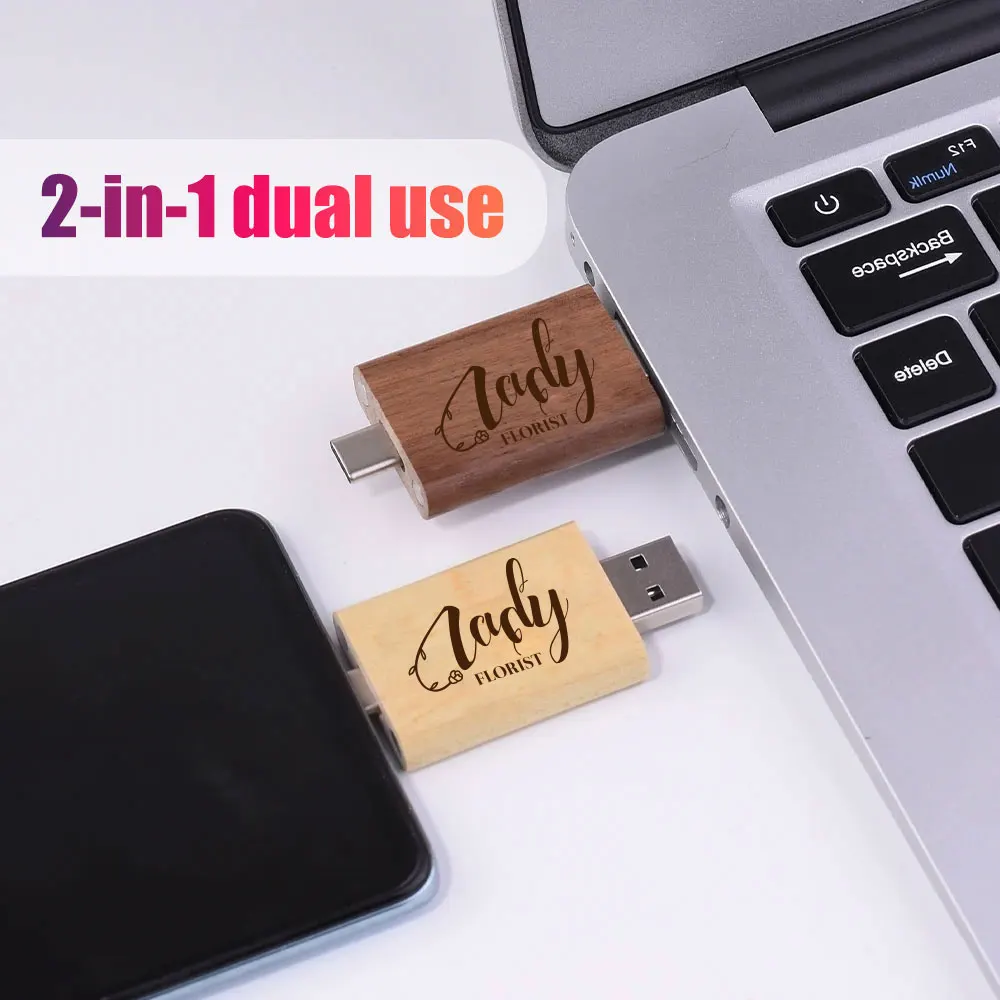 2 في 1 TYPE-C USB3.0 محرك فلاش 128G شعار مخصص مجاني محرك القلم 64G Cle عصا الذاكرة الخشبية 32 جيجابايت 16 جيجابايت 8 جيجابايت هدية الزفاف الإبداعية