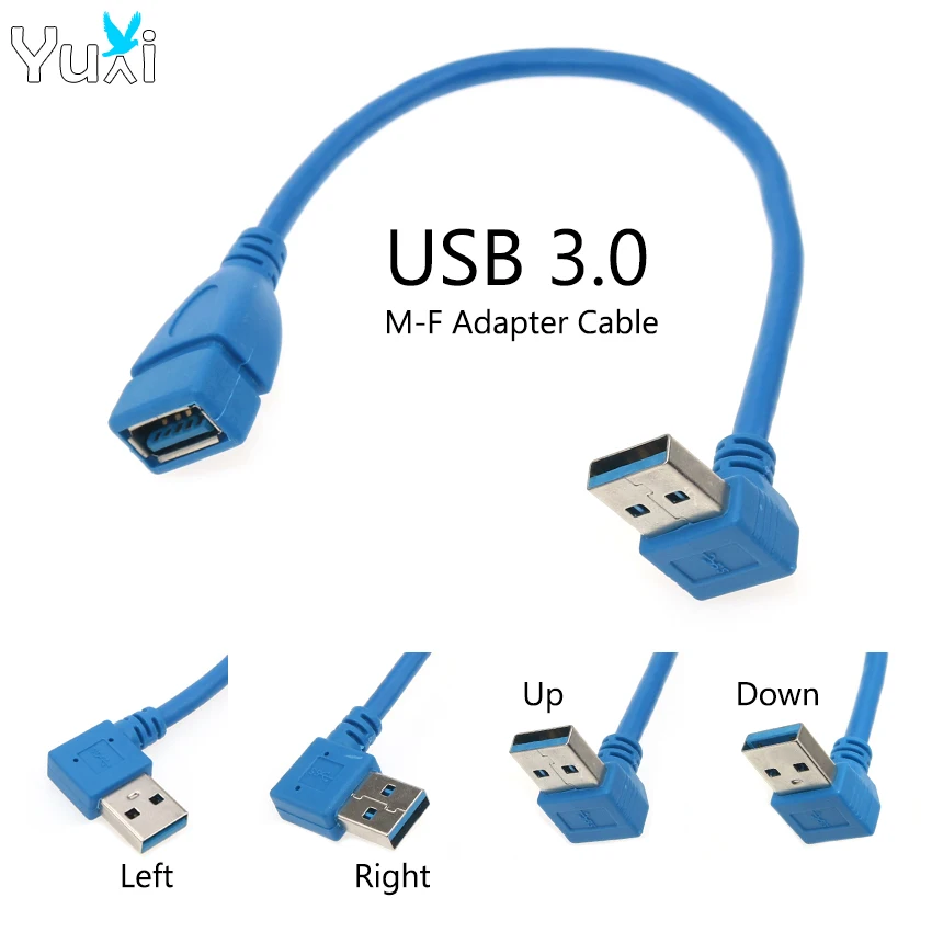 YuXi USB 3.0 Right Left Up Down Angle 90 Degree Extension Cable Male To Female Adapter Cord USB Cables