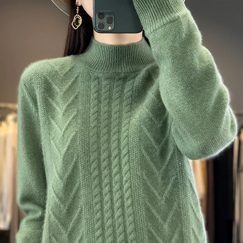 Half-High-Necked 100% Sweater Women's Pullover Autumn And Winter New Pullover Long-Sleeved Sweater Thickened Twisted Knit Top