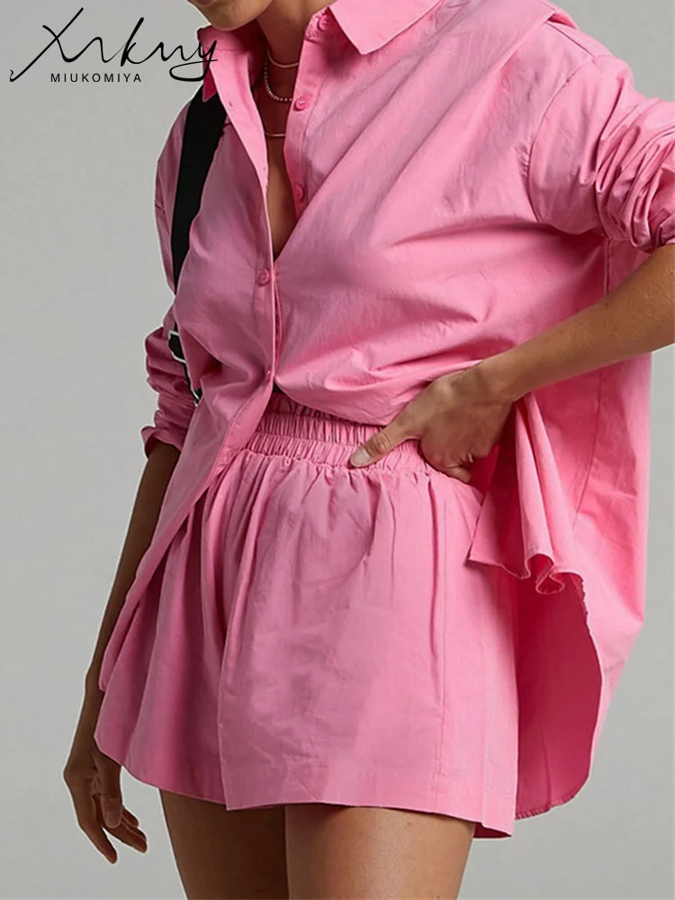 Summer Women\'s Suit Pink Shirts And Shorts Sets Women Outfit Loose Two Piece Sets For Women 2 Pieces Shorts And Shirts Oversized