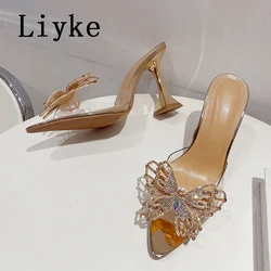 Liyke PVC Transparent Slippers For Women Fashion Rhinestone Bowknot Summer Sandals Pointed Toe Clear High Heels Party Prom Shoes