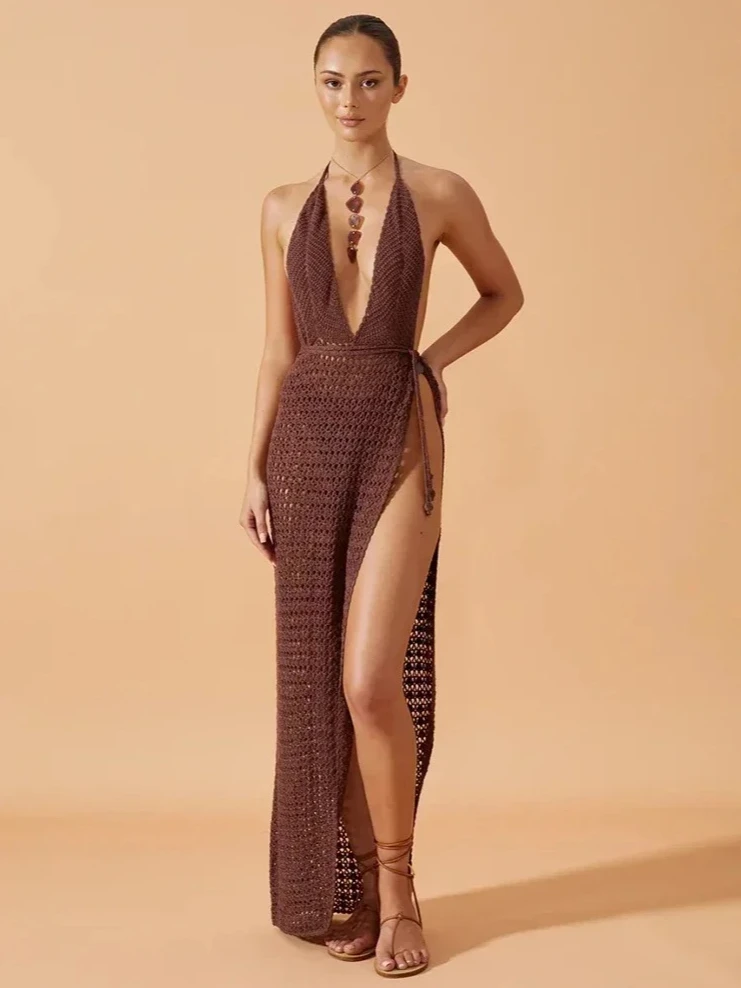 Robe longue de plage en tricot pour femme, été 2026, sexy, col en V profond, dos nu, découpes, fente, cache-maillot, tunique chic pour soirée