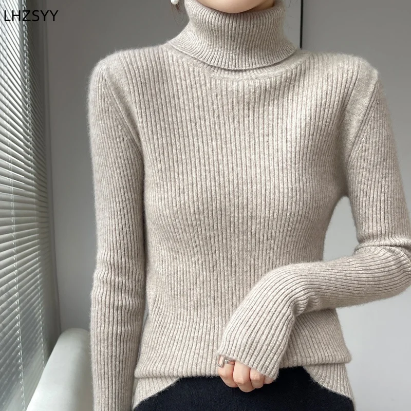 

LHZSYY New Pure Cashmere Sweater Ladies Knit Shirts Autumn Winter Lapel Slim Tight Pullover High-End Warm Elastic Blouse Inside