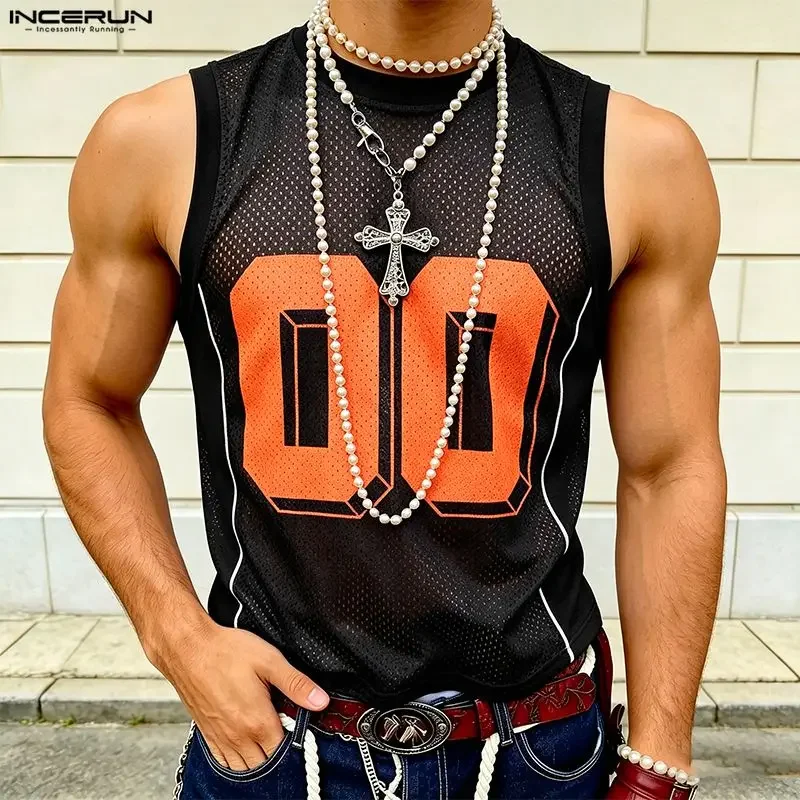 INCERUN Men's Tank Tops Printing Mesh See Through O-neck Sleeveless Male Vests Summer Streetwear 2026 Fashion Casual Men Clothes