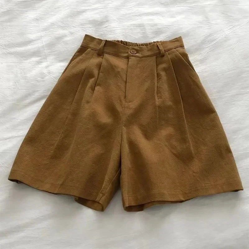 2025 Summer Thin Linen High Waist Shorts Korean Loose Classic Solid Short Pants Women Casual Baggy Wide Leg Pantalones Cortos