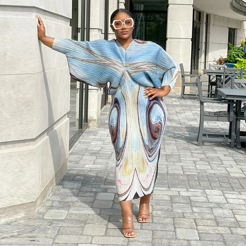 

TOP QUALITY ISSEYS MIYAKES Pleated Bat Sleeve Printed Dresses Summer New Temperament Slim V-Neck Dresses Long Dresses