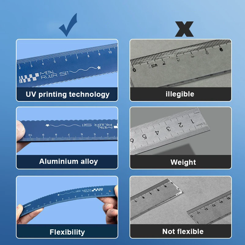 Juego de reglas de Metal 4 en 1 para dibujar, material de papelería de aleación de aluminio, regla recta de ángulo cuadrado, herramienta de