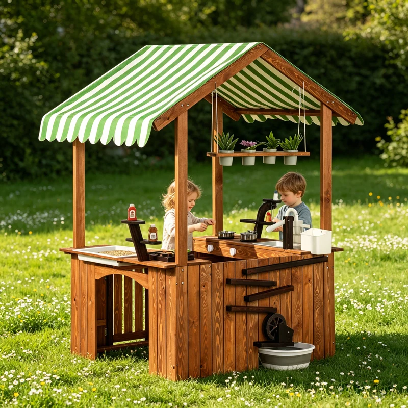 Kids Outdoor House With Kitchen - Wooden Outdoor Play House Mud Kitchen