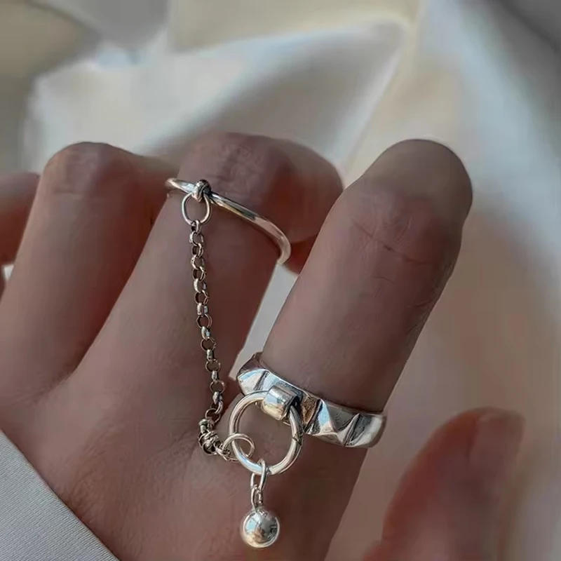 PANJBJ Echt 925 Sterling Silber Retro Runde Ring Für 2 Rigns Frauen Kette Vintage Edlen Schmuck Minimalistischen Zubehör Geschenk – Detail 9