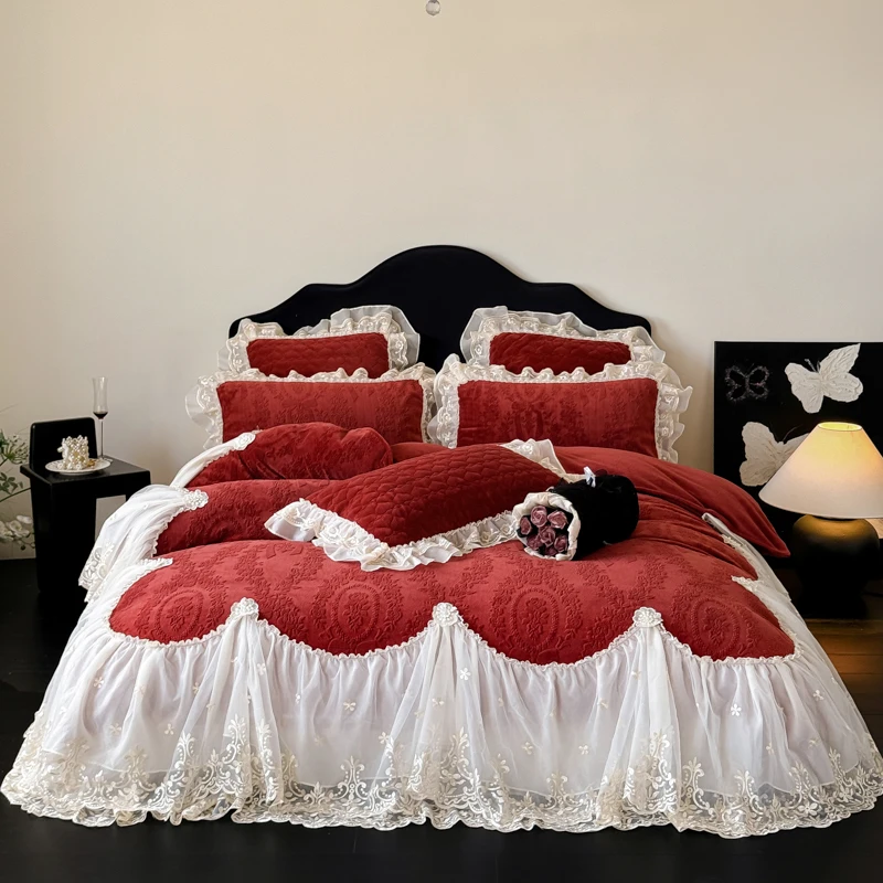 4Pcs French Princess Style Carved Velvet Warm Winter Bedding Set Large Lace Ruffle Duvet Cover Flat/Fitted Bed Sheet Pillowcases