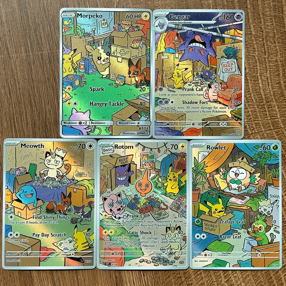 5pCS TCG Game Cards Colored Pencil Art Style Gengar Meowth Rowlet Collection Cards Rare Holo Card Classic Game Card Gift Toys