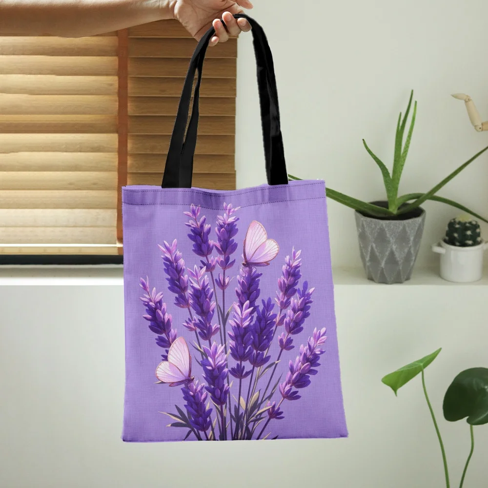 1 Stück trendige Schultertasche mit Schmetterlingen und Lavendelmuster, wiederverwendbare Einkaufstaschen, große Kapazität, leichte Damenhandtasche