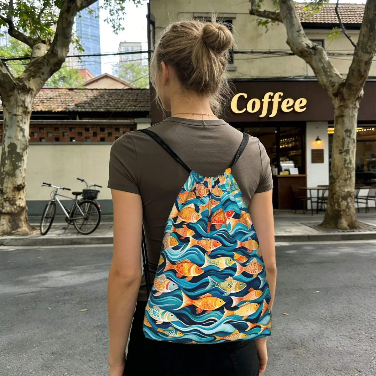 Strange Orange Fish Pattern Backpacks Portable Drawstring Bundle Pocket Sports Bag Book Bags for Man Woman School