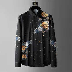 Luxury Rhinestone Flower Printed Shirt Men Casual Business Dress Shirts Long Sleeve Slim Fit Social Party Tuxedo Men Clothing