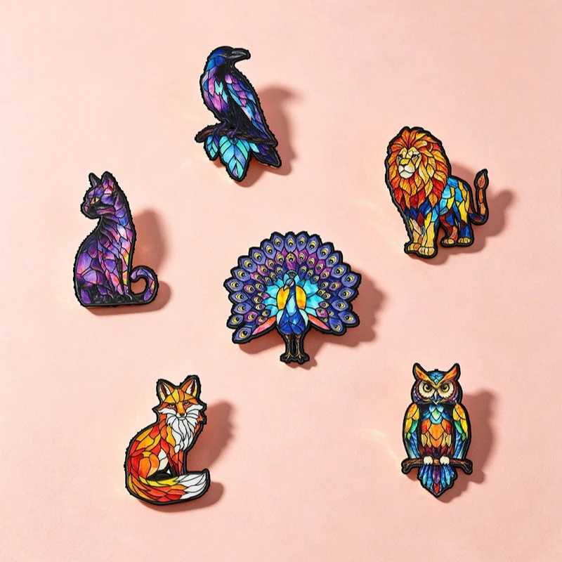 Innovative Colorful Plaid Animal Vintage Brooch Pin Peacock Fox Cat Lion Alloy Enamel Badge DIY for Clothing Bags Accessories