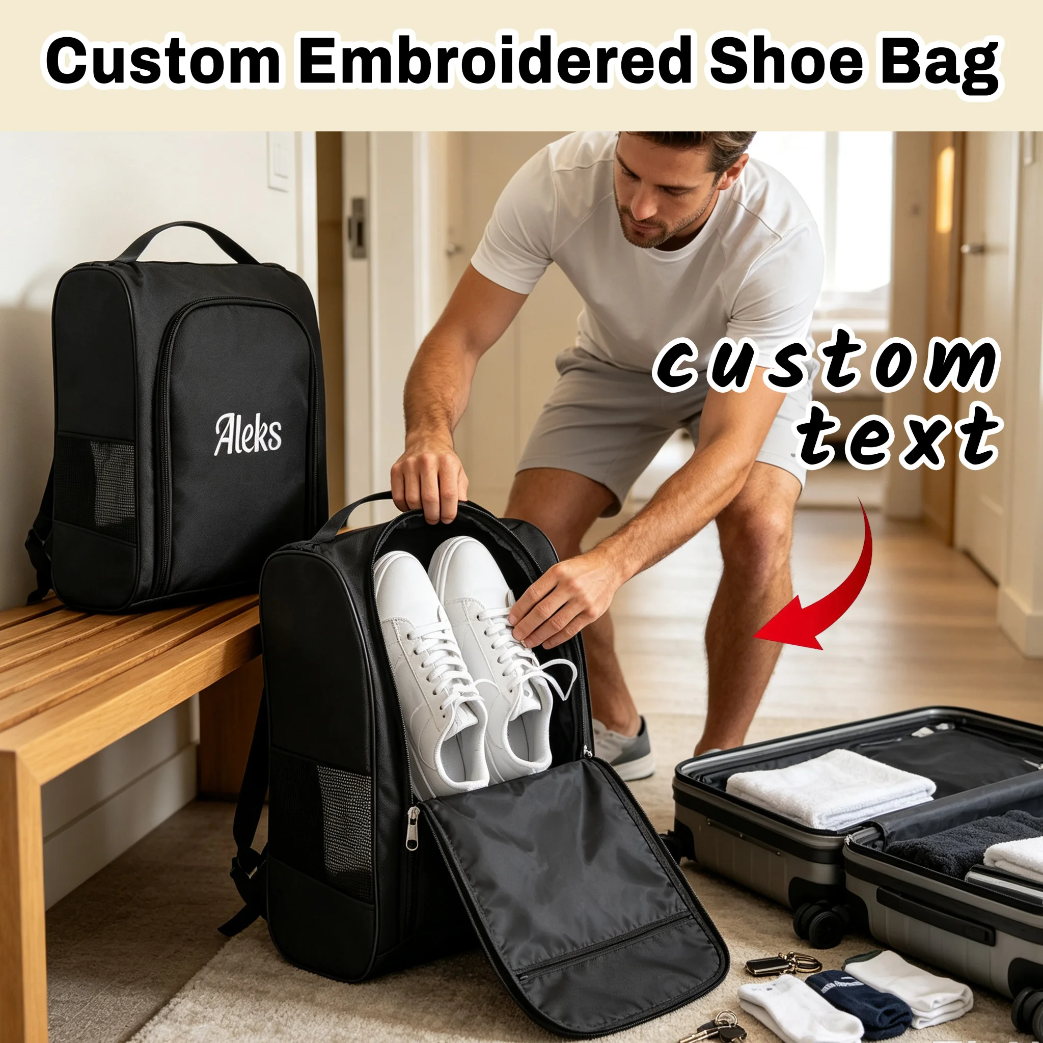 Personalized Embroidered Oxford Shoe Bag, Waterproof Travel Shoe Storage Pouch, Dance Shoe Organizer Bag with Carry Handle