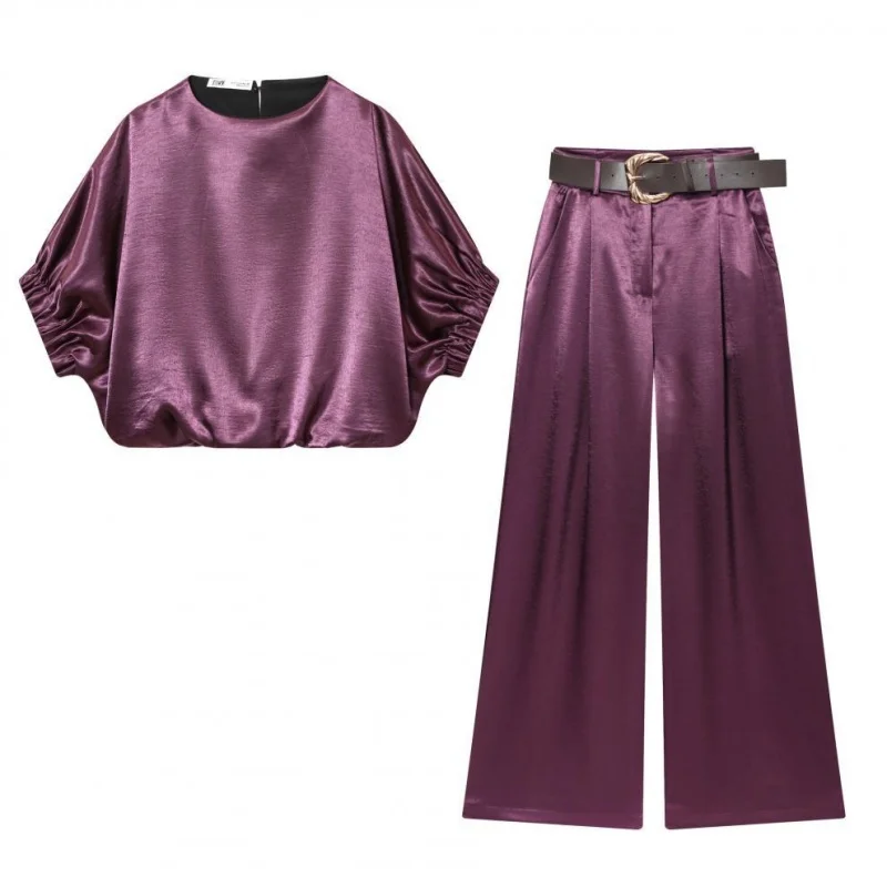 Elegante paarse satijnen kleding voor dames, lente casual top met vleermuismouwen + wijde broek met hoge taille en riem, geschikt voor werk en feestjes