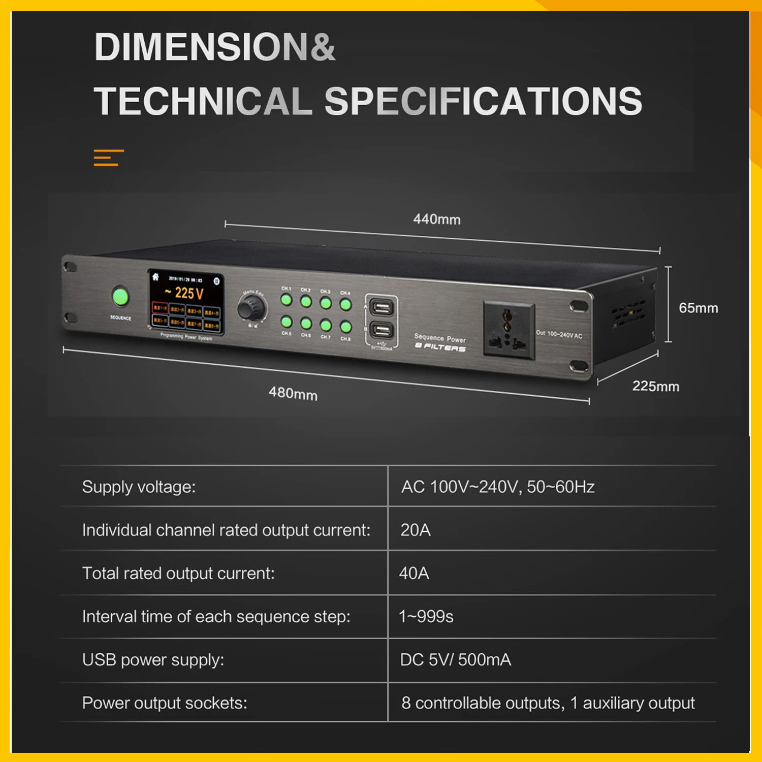 Auduzic T-1608 Power Sequencer Controller 8-Kanal 100V-240V Spannungsanzeige mit Filterschutz-für Hochleistungsgeräte