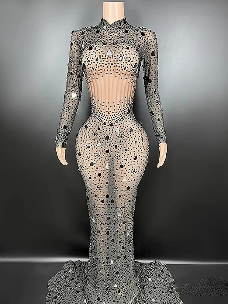 고품질 라인스톤 스팽글 섹시 탄성 메쉬 드레스 2025 신상 맞춤 여성 의류
