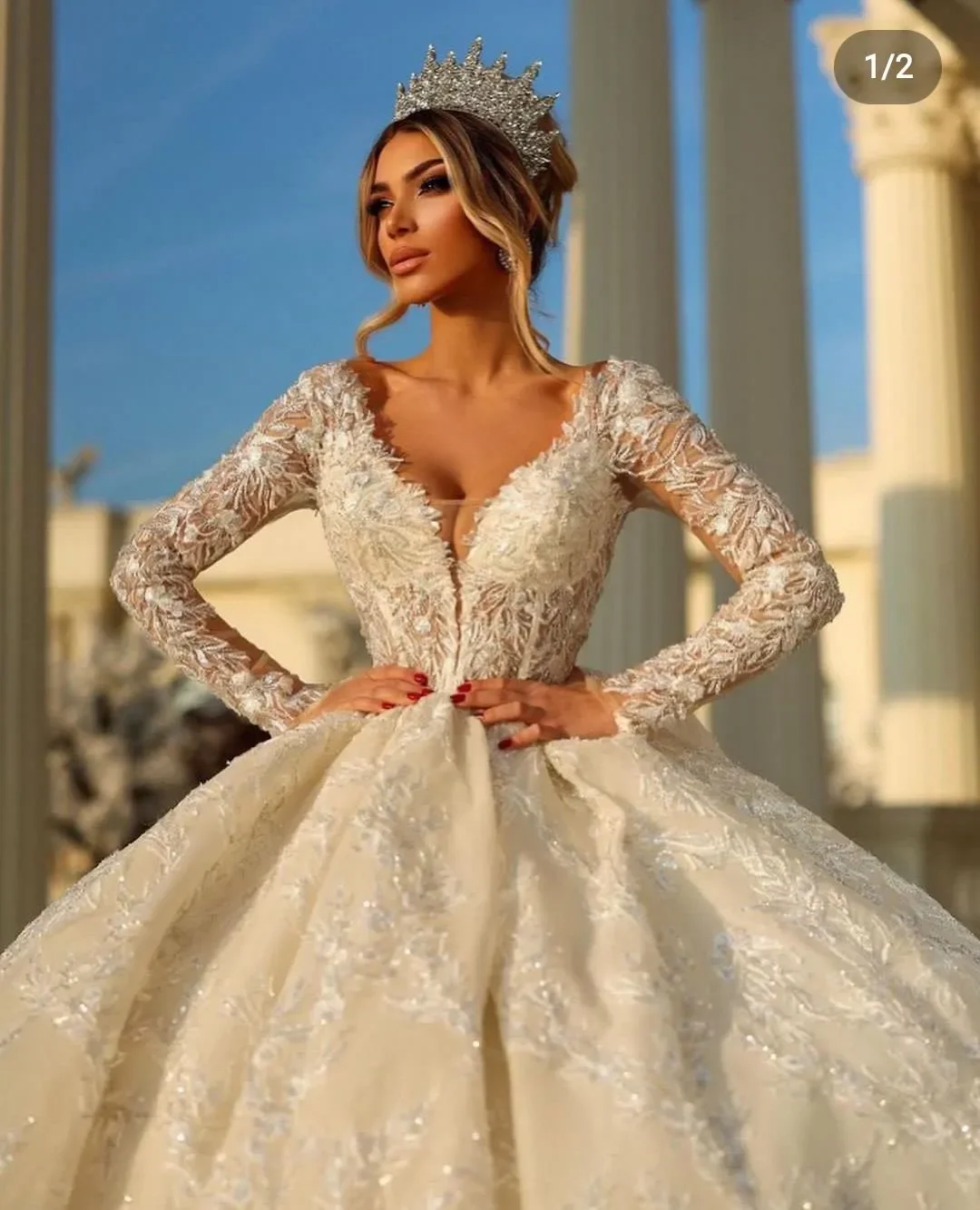 Factory Price Custom Luxury Lace Ball Gown Wedding Dresses V Neck Long Sleeves Full Beads Applique Sequins Ruffles Bridal Gowns