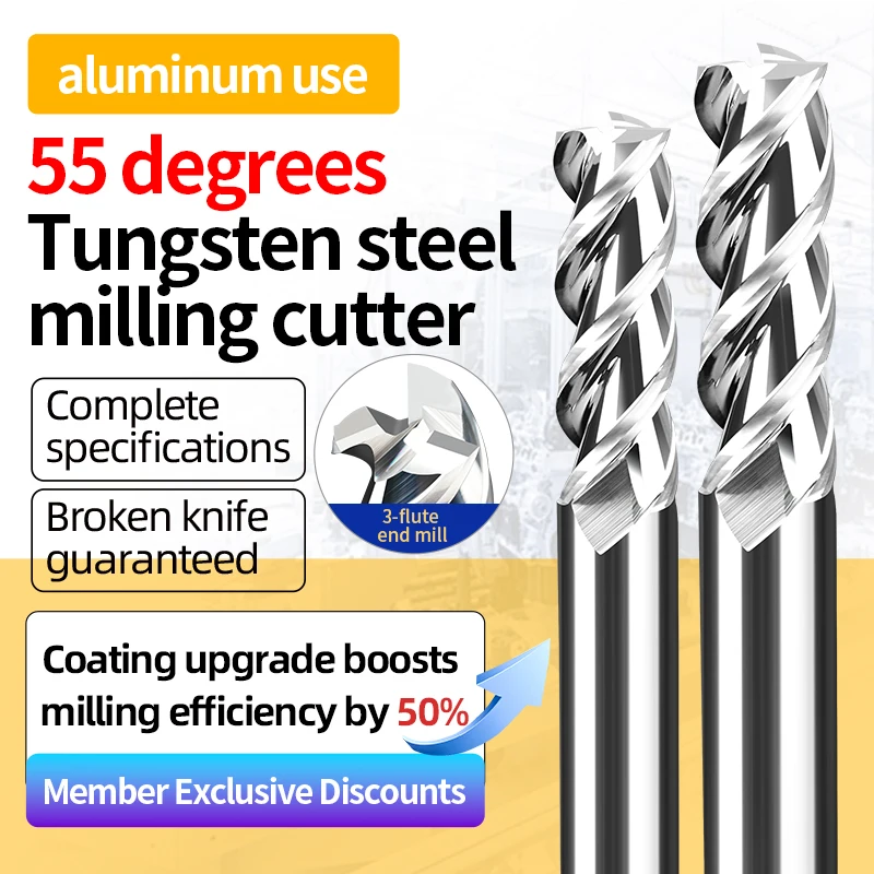 

HRC55 3-Flute Flat End Mill - Tungsten Carbide Milling Cutter for Aluminum High Gloss Mirror CNC Machining Center