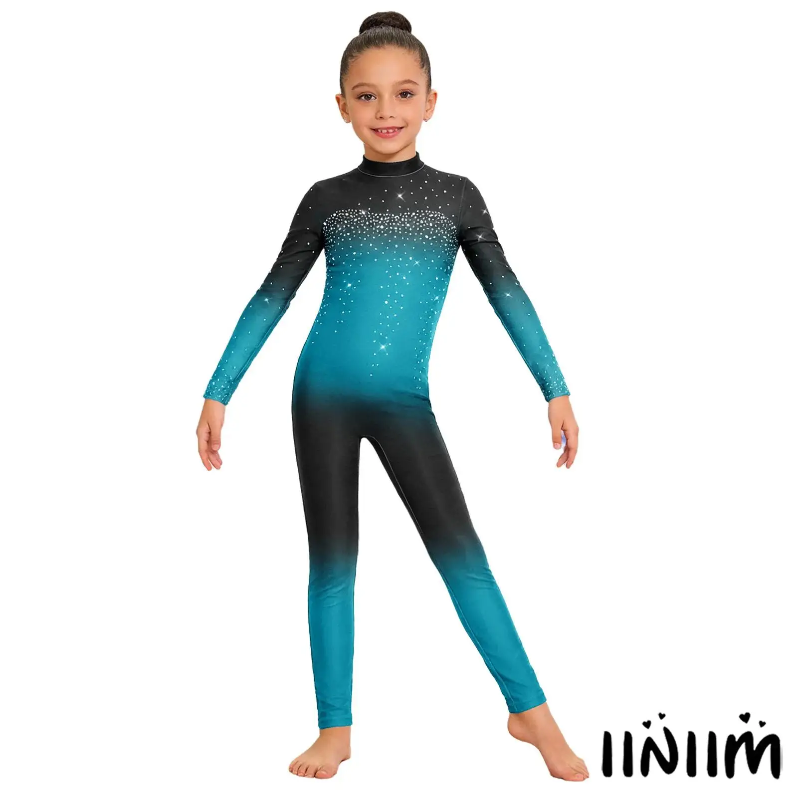 

Girls Long Sleeve Ballet Dance Outfit Acrobatics Gymnastics Jumpsuits Gradient Color Shiny Rhinestone Ice Skating Full Bodysuit