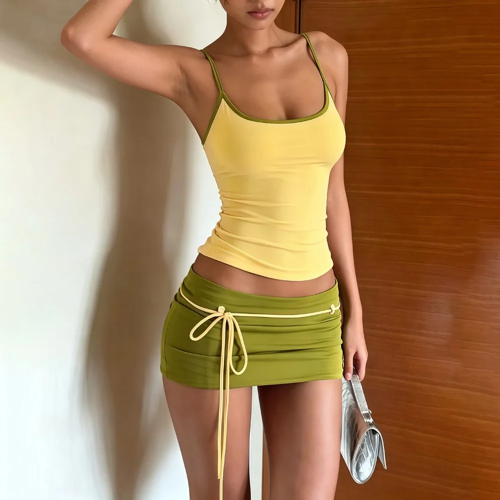 

Contrast Patchwork Camisole Top Mini Skirt 2 Piece Set Slim Fit Backless Women Camisole Top Skirt Set Tie Waist High Waist