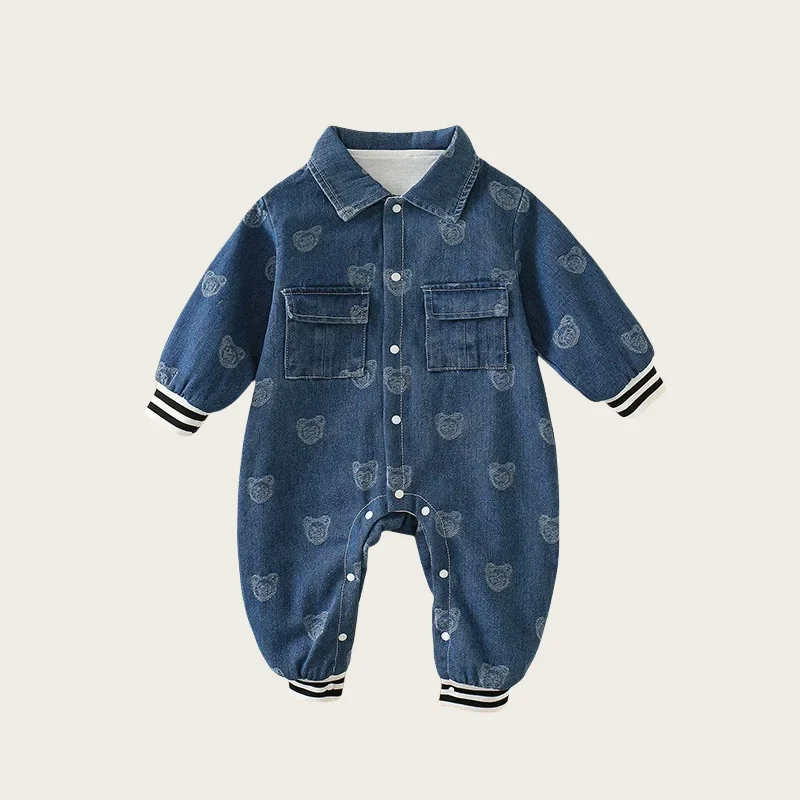 2024 Autumn 0-2Y Baby Clothes Infant Thicking Lining Denim Rompers Turn Down Collar Toddler Outwear Jumpsuit for newborn